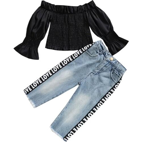 1-5Y Fashion Kids Baby Girl Autumn Clothing Sets Off the Shoulder Puff Sleeve Black Tops+Letter Button Denim Trousers Outfits