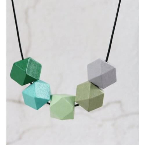 Aqua Mint Green Grey Geometric Wood Necklace Hand Painted Faceted Necklace Cube Beads Pendant Necklace