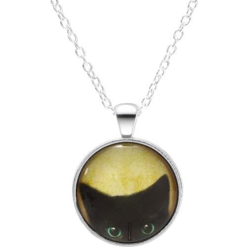 Charming Animal Pendant Necklace Shellhard Alloy Collares Cabochon Glass Black Cat Chain Long Necklaces For Women Men Jewelry