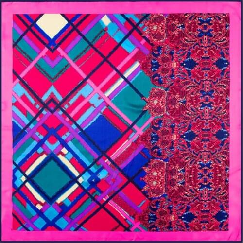 2021 NewLuxuryTwill Silk Scarf Hand drawn geometric pattern latticeWomen Scarf Bandana Square Scarves Femal Hijab Foulard Turban