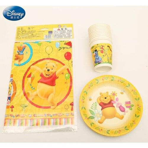 Party Supplies Plate Cup Tablecloth Set 13pcs for 6 Kids Birthday Party Decoration Winnie the Pooh Theme Party Set