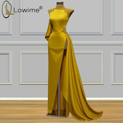 Yellow Pearls High Neck Long Straight Evening Dresses with Sexy Slit Simple Satin Party Gowns Vestidos Formales