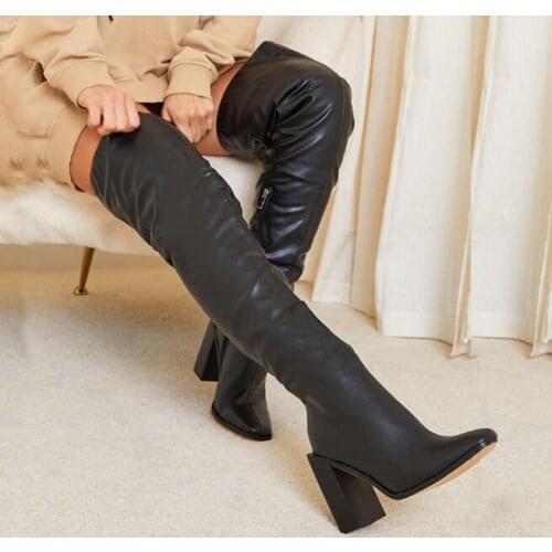 Dipsloot Hot Woman Fashion Black Beige Elastic Over The Knee Boots Square Toe 11 cm Chunky Heels Thigh Knight Long Boots