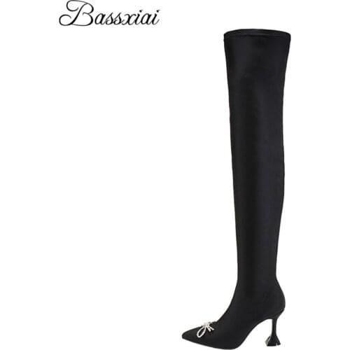 Black Stretch Fabric Over The Knee Boots Women Sexy Goblet Heel Point Toe Crystal Rhinestone Butterfly-Knot Runway Botas Mujer