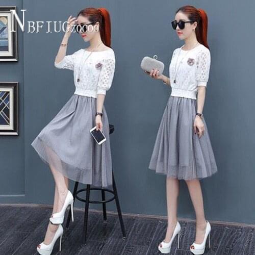 2020 New Summer Fake Two Pieces Women Dress Summer Slim Lace Female Dresses