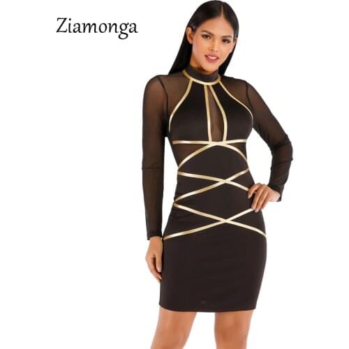Ziamonga Women Summer Bandage Dress 2019 Black Long Sleeve Mesh Sheer Tunic Party Dresses Sexy Club Wear Bodycon Bandage Dress