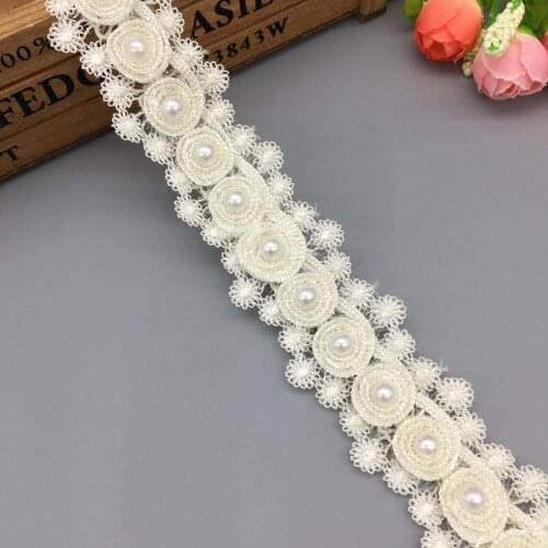 1 yard Apricot Pearl Rose Flower Embroidered Lace Trim Ribbon Fabric Sewing DIY Handmade Wedding Dress Patchwork Sewing Craft