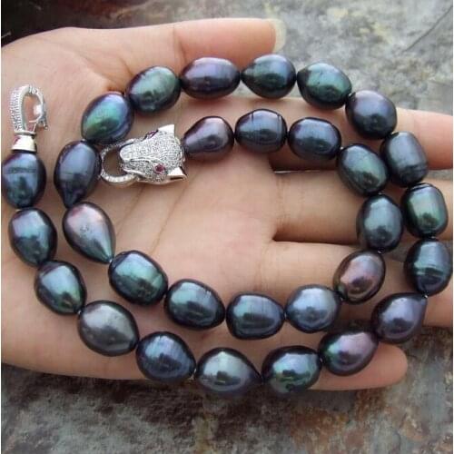 12 -13mm baroque peacock green pearl necklace 18"925silver