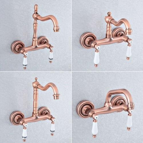 Antique Red Copper Brass Wall Mounted Bathroom Kitchen Sink Faucet Swivel Spout Mixer Tap Dual Ceramic Handles Levers msf884