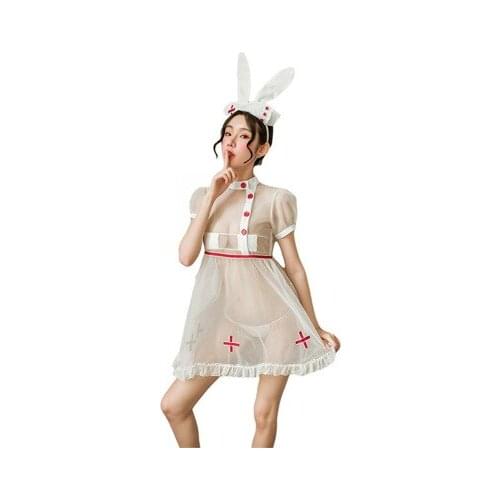 White nurse uniform cosplay uniform temptation sexy mesh see-through sexy suit cute rabbit rescuer see-through underwear 4-piece