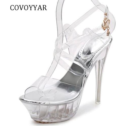 COVOYYAR 2019 Sexy Lady Super High Heels Peep Toe Clear Women Pumps Summer PVC Buckle Platform Ladies Sandals Big Sizes WHH662