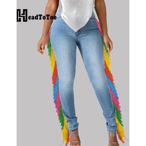 Patchwork Print Tassel Fashion Pants Women High Waist Jeans Woman