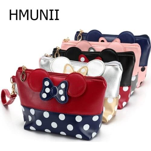 HMUNII New Fashion Dot Bow Portable Mickey Bag PU Travel Organizer Cosmetic Bag Travel Trace Excellent Quality Wash Toiletry Bag