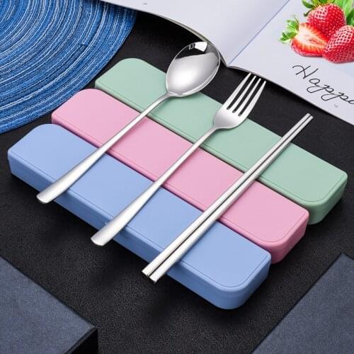 Portable Tableware Set Stainless Steel Chopsticks Spoon Fork School Travel Silver Cutlery with Box Kitchen Dinnerware Gadgets