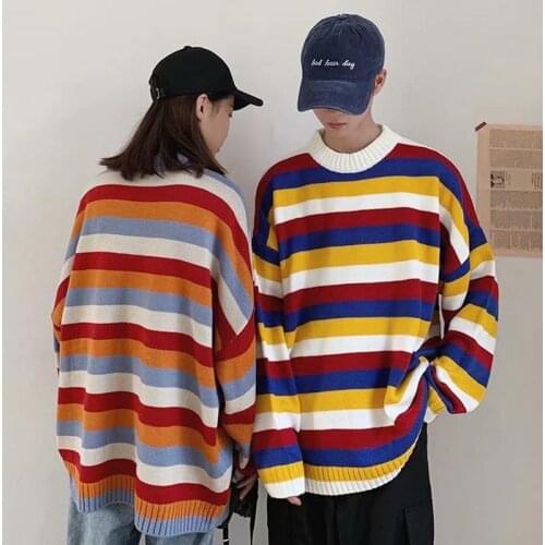 Striped round-neck sweater mens trend sweater loose couple lazy wind a hundred sweaters