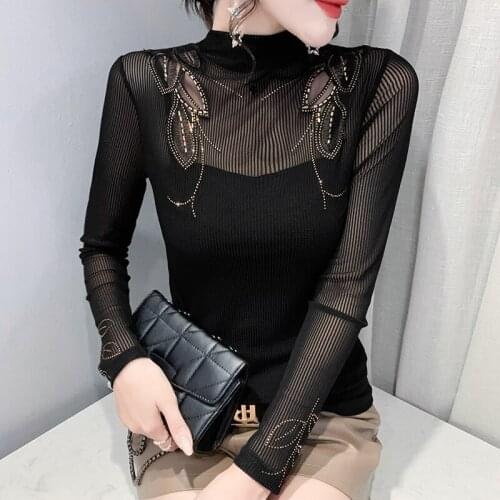 2021 New Autumn Winter Womens tshirt Fashion Embroidery Patchwork Hot Drilling Long Sleeves Mesh T-Shirt Plus Size Blusas