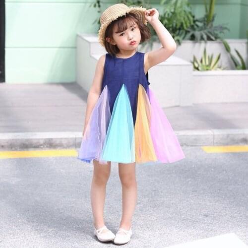 New Summer 2019 Girls Dresses Sleeveless Rainbow Color Block Party Cotton Children Clothes Baby Girl Princess Dress Dropshipping