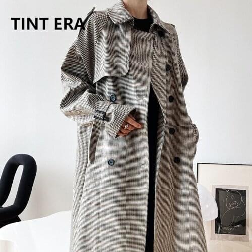 TINT ERA Houndstooth Mid-length Windbreaker Jacket Female Over-the-knee Spring Autumn Silhouette Popular Double-breasted Coat