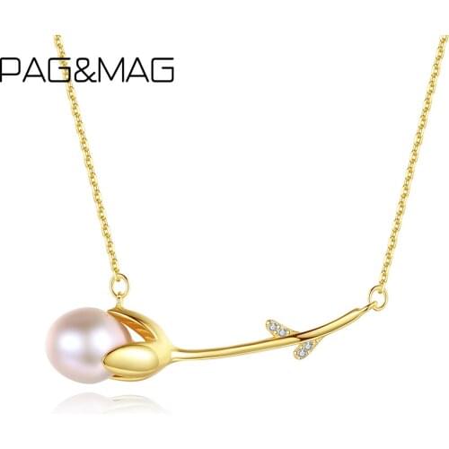 PAG&MAG Freashwater Pearl With Tulip Flower 925 Sterling Silver Necklace For Women Silver Pendant Fine Jewelry Gift FN-0235