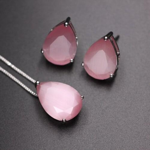 Water Drop Opal Stones Jewelry Set For Women Charm Pendant Necklace Stud Earrings Opal Stone Fashion Party Jewelry Sets Gifts