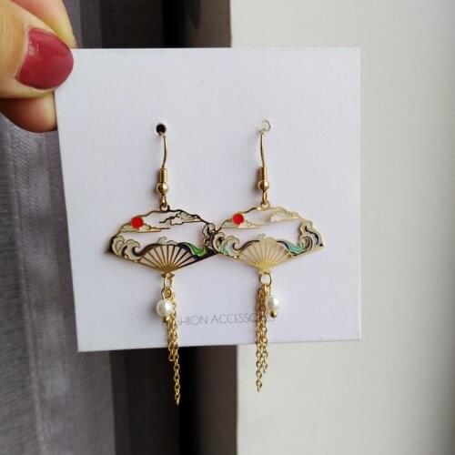 Popular Chinese Drop Earring Temperament Restoring National Design Fan With Thin Chain Tassle Earrings Female Jewelry Gifts