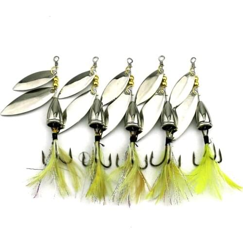 10pcs 10.5G Metal Fishing Lure Spoon Lure rotated double Sequins Bait Fishing Tackle Hard Bait Spinner Bait with feathers hook