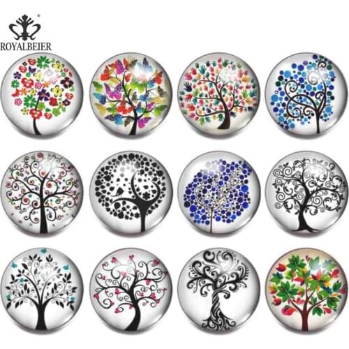 RoyalBeier Tree of Life 18mm Snap Buttons 12pcs/Lot Convex Glass Snaps Fit DIY Bracelets For Charming Unisex Jewelry Bijoux