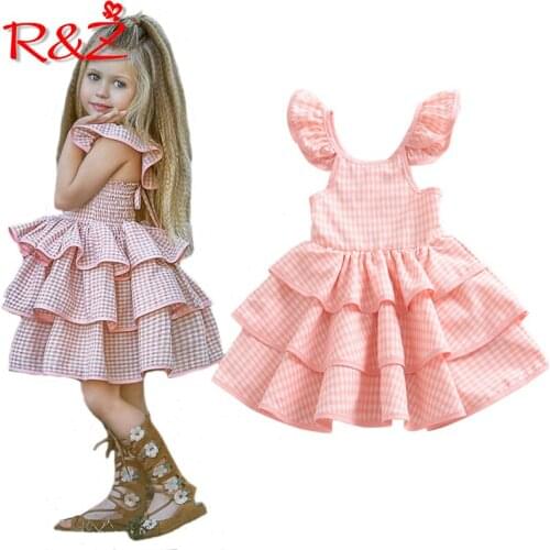 R&Z childrens dress 2019 summer new plaid fly-sleeved halter dress girls tie group cake fluffy dress