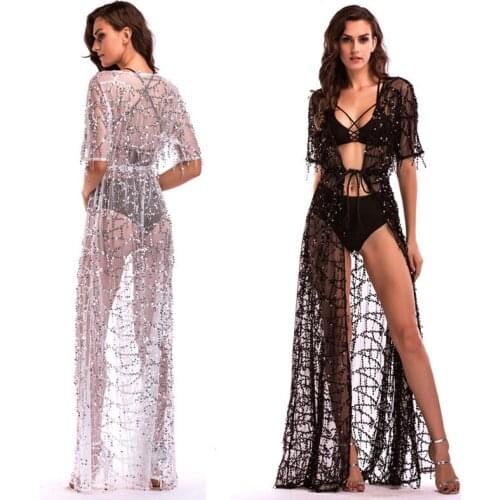 S2017 Sexy Lingerie Hot Black White Erotic Short-Sleeved Perspective Sequins Skirt Lace Long Maxi Dress Sexy Costumes For Woman