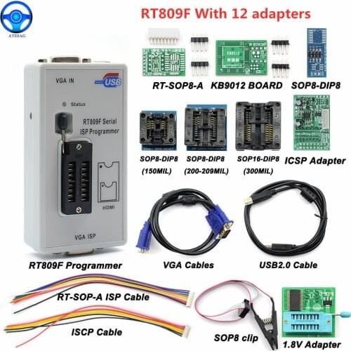 Hot Sale RT809F Serial ISP Programmer Tool +12 Items +1.8V Adapter +SOP8 Test Clip +ISP cable EPROM FLASH VGA ISP Free Shipping