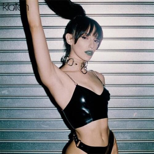 KLALIEN women sexy v-neck PU leather metal chain strap crop camis 2020 new fashion sexy female spangly PU back zipper tees tops
