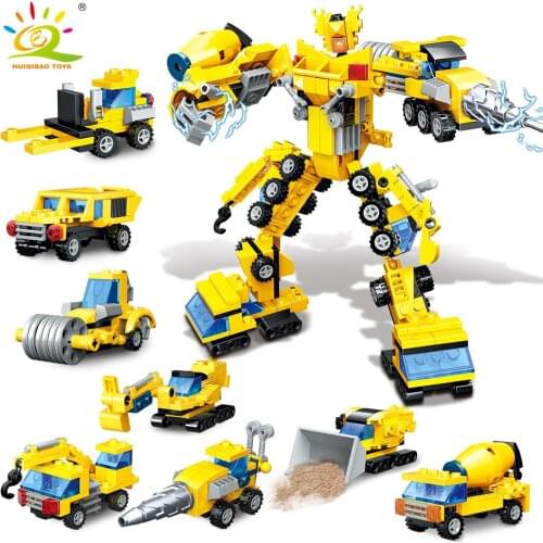 HUIQIBAO 345PCS 8in1 Transformation Engineering vehicle Mecha Robot Building Blocks Truck Car Bricks Children Construction Toys