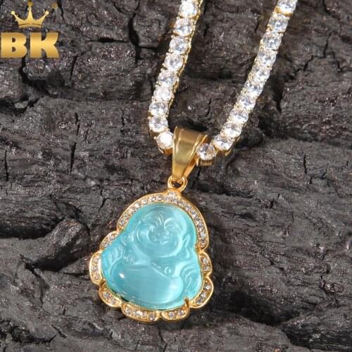 THE BLING KING Buddha Pendant Agate Jade Colorful Cubic Zirconia Gem Stainless Steel With Tennis Chain Necklace Hiphop Jewelry