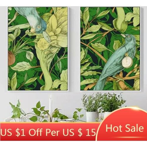 Green Tropical Plant Bird Canvas Painting Landsacape Nordic Posters and Prints Wall Art Pictures for Living Room Decor
