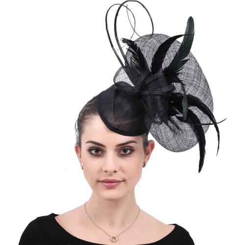 Ladies Feather Sinamay Cocktail Headwear Black Derby Fascinator Hats Wedding Bride Church Women Hat Fedora Caps Headpieces Party