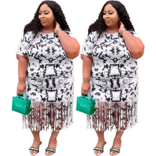 Tie Dye Dresses for Women 2021 Vintage Elegant Short Sleeve Plus Size XL~5XL Tassel Party Night Club Dress Femme Vestido