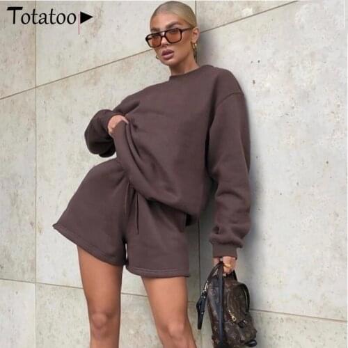 Totatoop Women Oversize Tracksuit Two Piece Set Long Sleeve Sweatshirts And Wide Leg Shorts Sporty Y2K Outfit Sets Streetwear