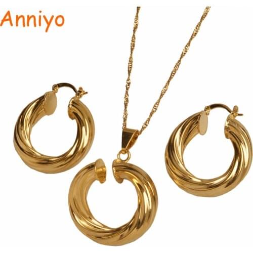 Anniyo Round Charm Pendant and Necklace Stud Earrings set Gold Color Jewelry Africa/Arab/Middle East Gifts #093406