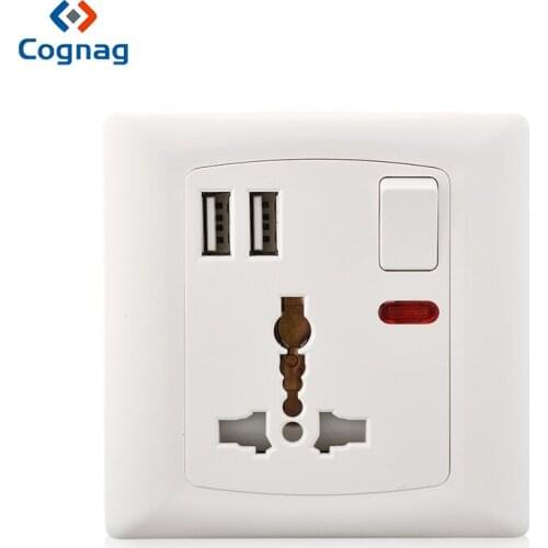 Cognag White Universal Wall Socket With Dual USB Port Plug Adapter Single Power Socket 2 USB 2100mA