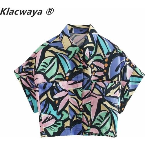 Klacwaya Women Za Blouse Impressionist Graffiti Printed Vintage Casual Top Summer Short Sleeved Big pocket Loose Short Shirts