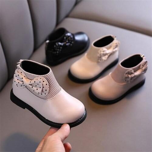 2021 Girls Martin Boots New Winter Kids Warm Elegant Princess Plush Bowtie Leather Boots Childrens Cotton Boots