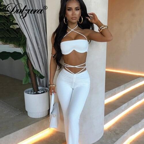 Dulzura 2021 Summer Women 2 Pieces Halter Crop Top Lace Up Ruched Pants Set Bodycon Sexy Streetwear Sporty Tracksuit Outfit
