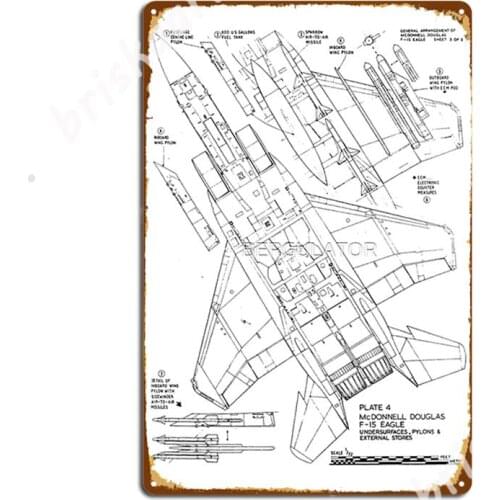 F-15 Strike Eagle - Fighter Aircraft Technical Blueprint Drawing Metal Signs Cinema Garage pub Garage Funny Tin sign Posters