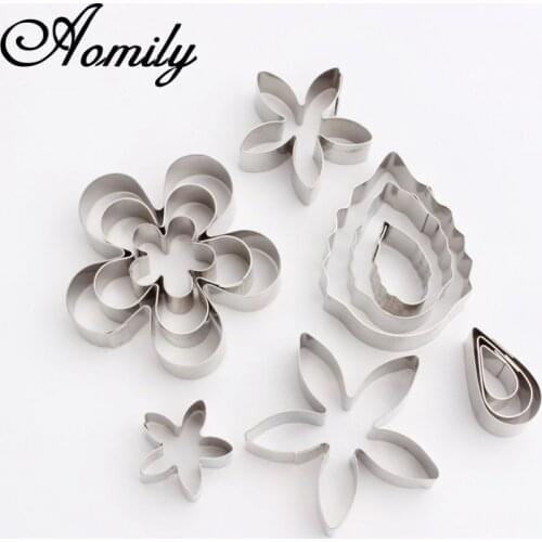 Aomily 12pcs/Set Rose Flower Leaves Cookie Cutters Stainless Steel Cake Mould Decorating Tools Kitchen Accessories Baking Mould