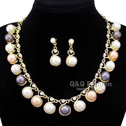 LUXURIOUS Tennis Heart CZ Pearl Jubilee Bridal Chain Bib Necklace + Earrings Set Wedding Party Jewelry
