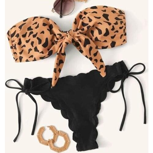 Leopard print swimsuit women Sexy micro bikinis 2020 mujer Bandeau swimwear female Knotted bathing suit String bikini swim suit