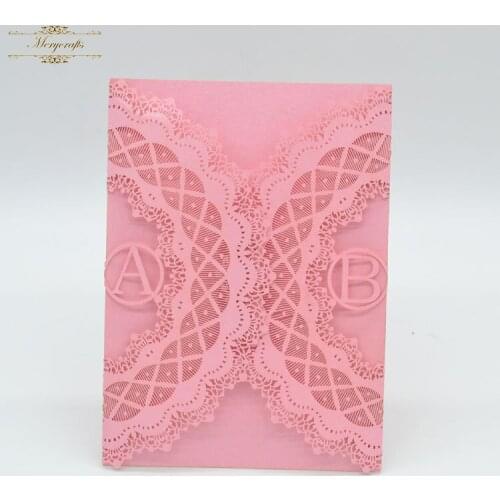 Laser cut Pink pearl luxury lace wedding invitations with personalised design