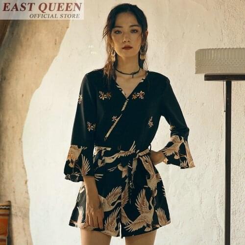 Summer beach playsuits 2018 vintage floral print tunics for beach v-neck elegant fashion casual sashes jumpsuits DD697 L