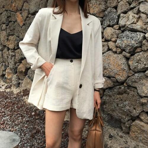 Two-piece fashion womens cotton and linen middle and long section loose casual linen small suit outer shorts set female suit