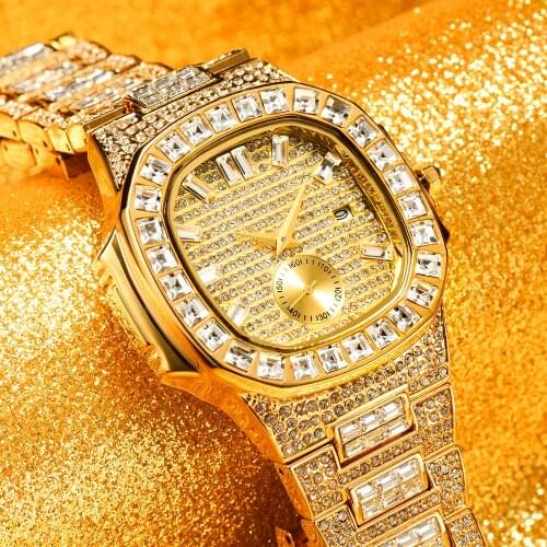MISSFOX Mens Quartz Watch Gold Ice Out Diamond Classic Square Doule Dial Watches Calendar Waterproof Wristwatch Dropshipping
